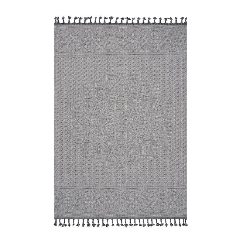 Collection White / Ivory / Medallion Indoor / Outdoor Area Rug, Rectangle 6'7" x 7'9"