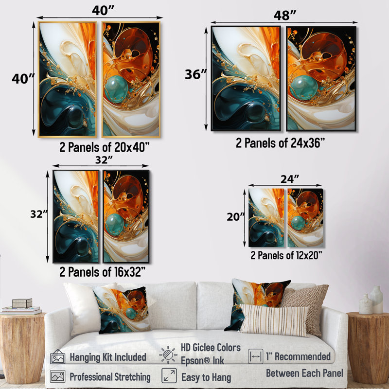 «Orange and Emerald Marble Lava I», peinture abstraite sur toile, H 32 po x l 32 po, Reproduction encadrée sans passe-partout