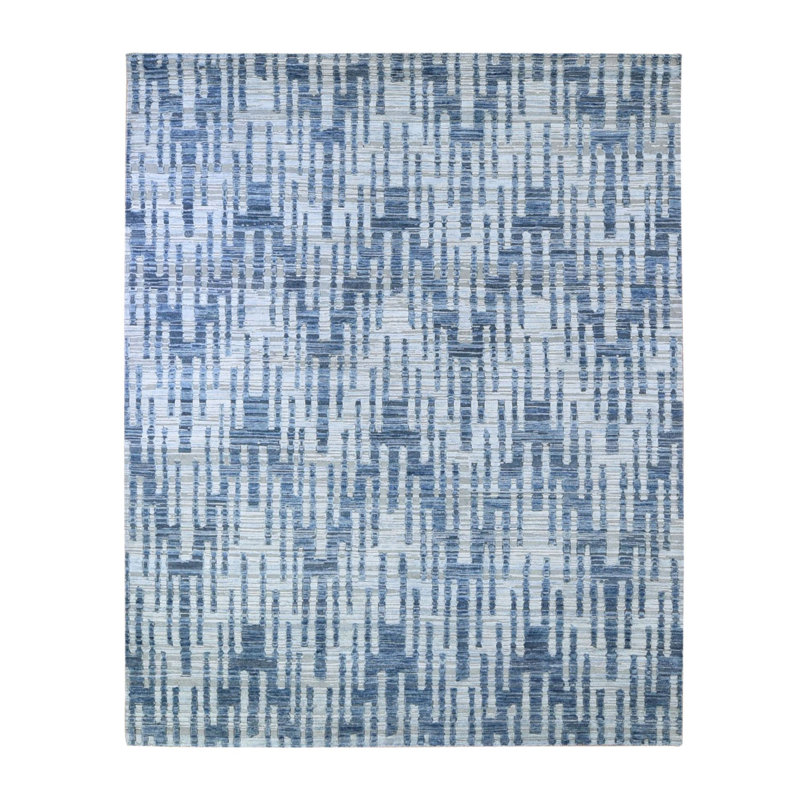Tapis zigzag 8 pi x 10 pi à motif graphique en soie pure et en laine texturée bleu noué à la main 4BE456D63FA143B09DA744927818129E