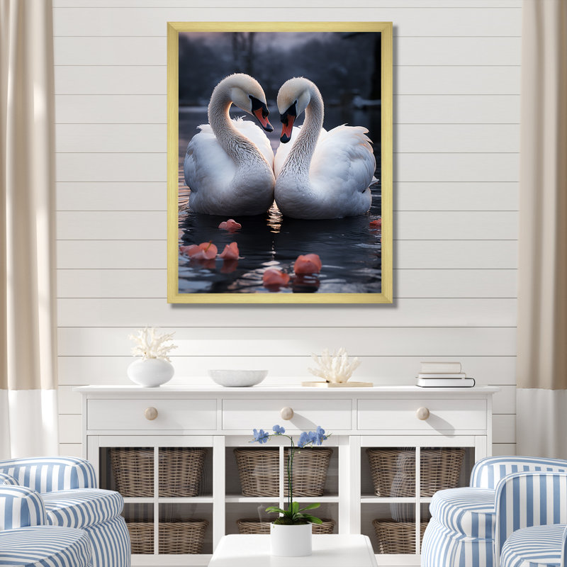 Art mural sur toile, "Swans Romantic Portrait II", Cadre doré simple, H 32 po x l 16 po