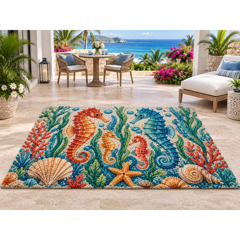 Tapis d'extérieur 152 x 213 cm, motif hippocampe et corail, en PVC épais, imperméable et bouclé, idéal pour une terrasse ou une entrée. Séchage rapide.