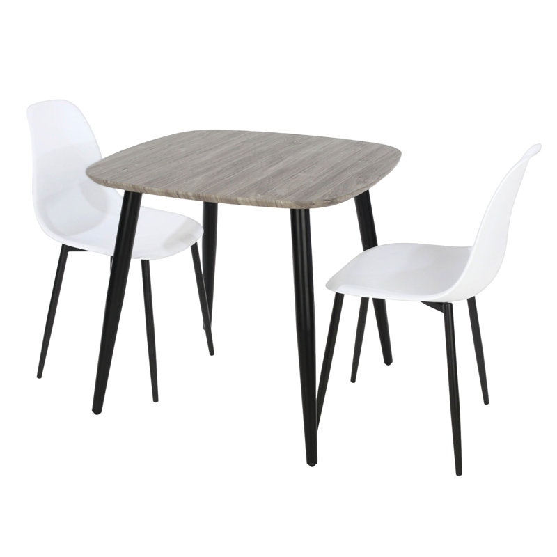 Aspen 3-Piece Dining Set - Compact Square Table & 2 Curved Plastic Chairs, Gray, White