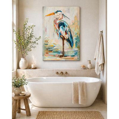 Coastal Blue Heron Wall Art Canvas – Modern Bird Painting for Bathroom Bedroom Decor