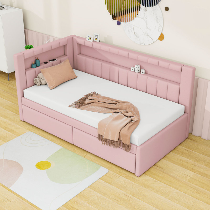 2 Drawers Upholstered Twin Platform Bed with LED Lighting and USB Ports, Pink