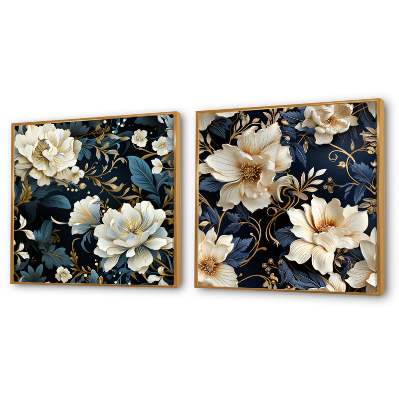 Grateron - Ensemble de 2 collages carrés floraux, Cadre flottant doré, H 36 po x l 73 po