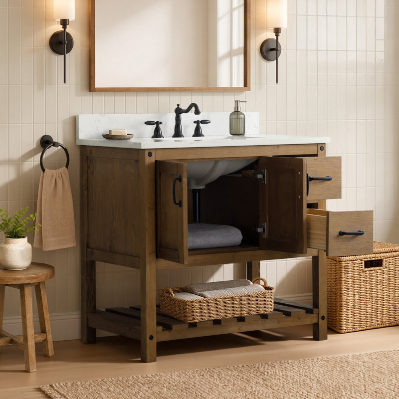 Radstock 36'' Single Bathroom Vanity with Top, Carrara White, Antique Natural