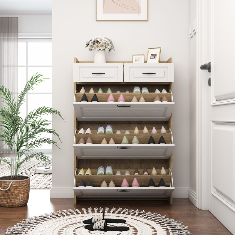 Armoire à chaussures 3 portes et 2 au design moderne, blanc et brun, ajoute de la fonctionnalité à votre maison + couleur chêne, grand espace de rangement pour 18 à 24 paires de chaussures