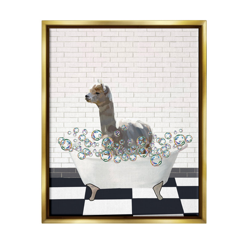 "Lama dans la baignoire", art mural encadré par Amelia Noyes, H 21 po x l 17 po x P 1,7 po, Cadre flottant métallique doré