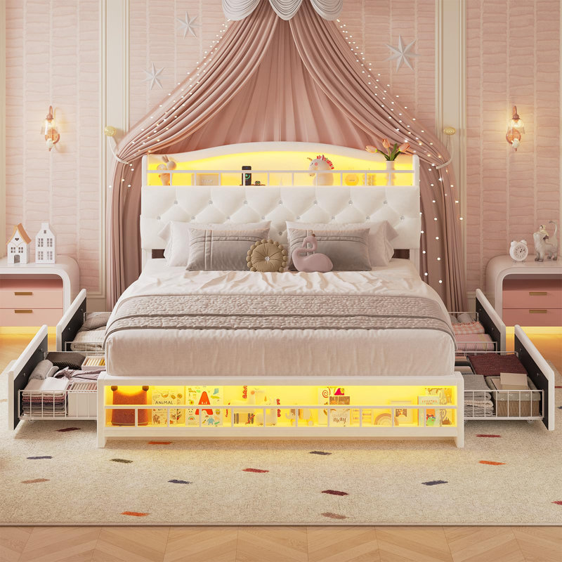 Bed Frame With Storage Headboard & 4 Drawers,with Led Lights & Charging Station, No Box Spring Needed, Easy Assembly, Princess Velvet Upholstered Platform Bed