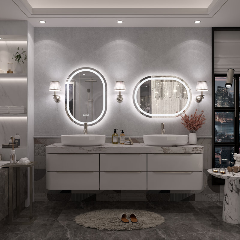 Molly Frameless LED Front Light and Back Light 3 Colors Dimmable Anti-Fog Oval Wall Bathroom Vanity Mirror, 28" x 20"