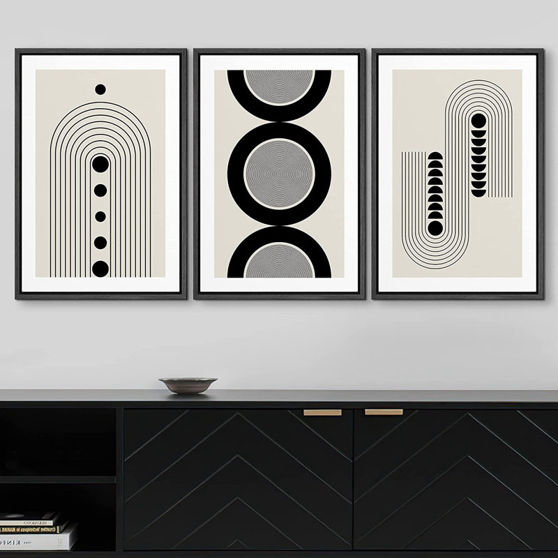 Ensemble de 3 reproductions encadrées sur toile Mid-Century Boho, H 36 po x l 72 po x P 1,5 po, Cadre flottant noir
