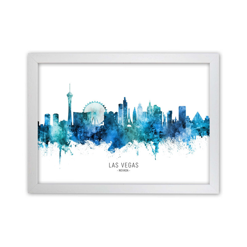 Las Vegas Nevada Skyline Blue City Name by Michael Tompsett - Print, 25cm H x 34cm W x 3cm D, White Framed