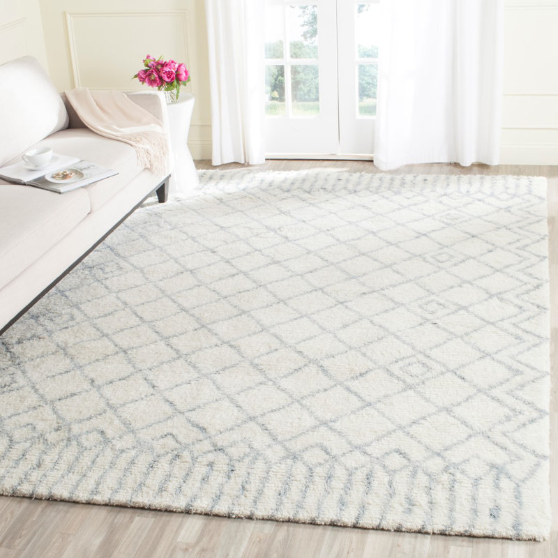 Derron Hand Tufted Nz Wool/Cotton Geometric Rug in Ivory/Blue, Rectangle 4' x 6'