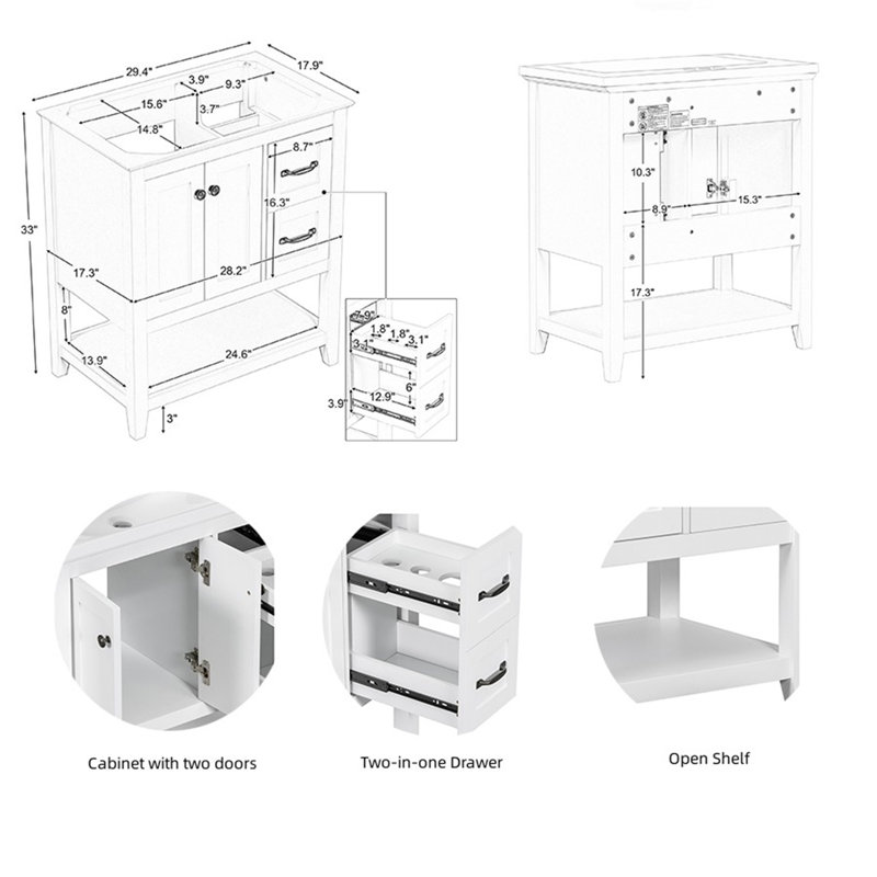 Base de meuble-lavabo simple 29,4 po seulement, Blanc