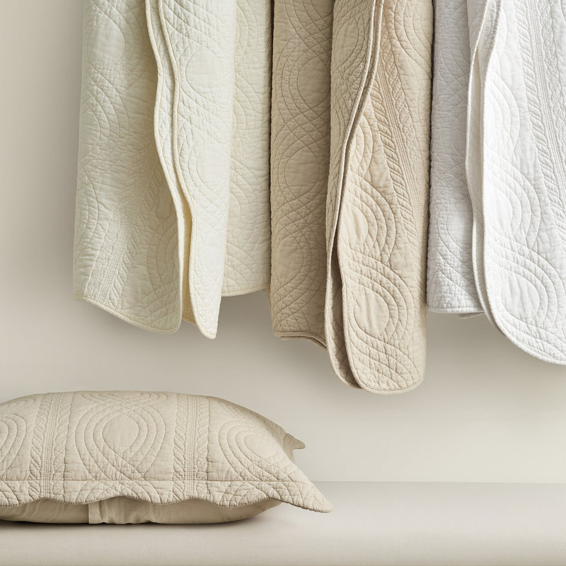 Ensemble de courtepointe 100% coton Scallop Edge, Courtepointe très grand et 2 très grandes taies , Blanc brillant