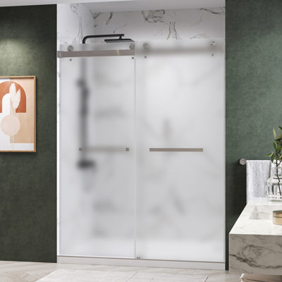 Catalyst 56"- 61" W x 76" H Double Sliding Frameless Shower Door In Brushed Nickel with 3/8"Acid Etched Glass