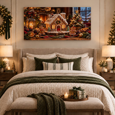«Gingerbread House with Fireplace and Lit Tree Christmas», art mural sur toile