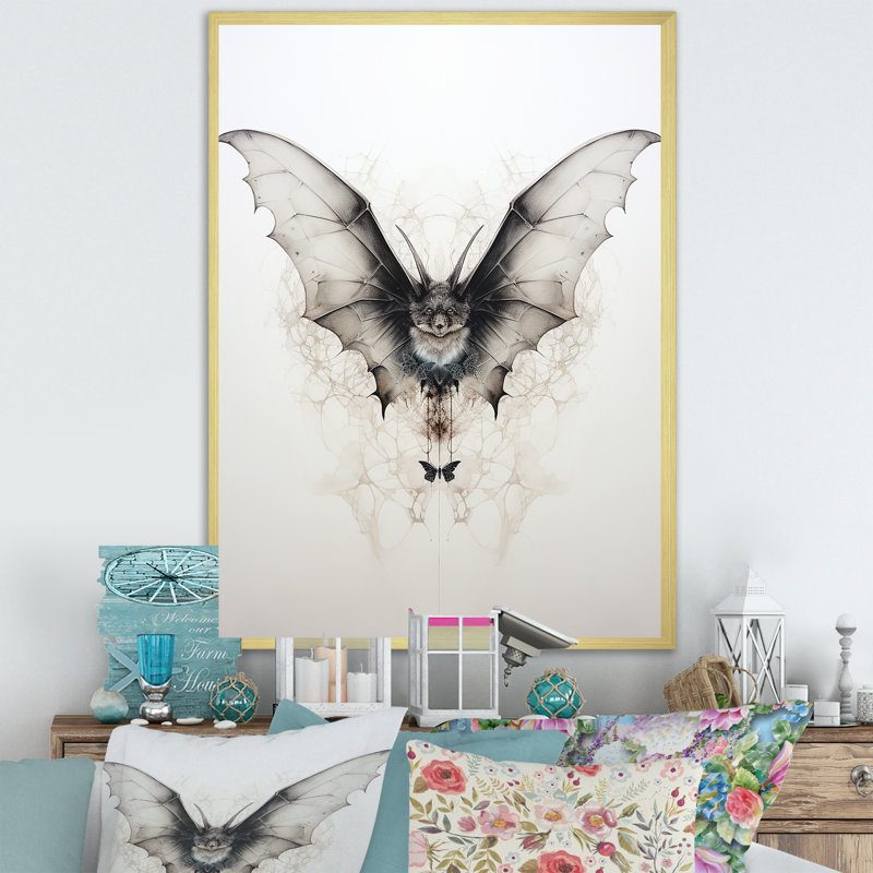 Minimalisme, chauve-souris noire et blanche sur toile, H 32 po x l 24 po x P 1 po, Encadrement doré