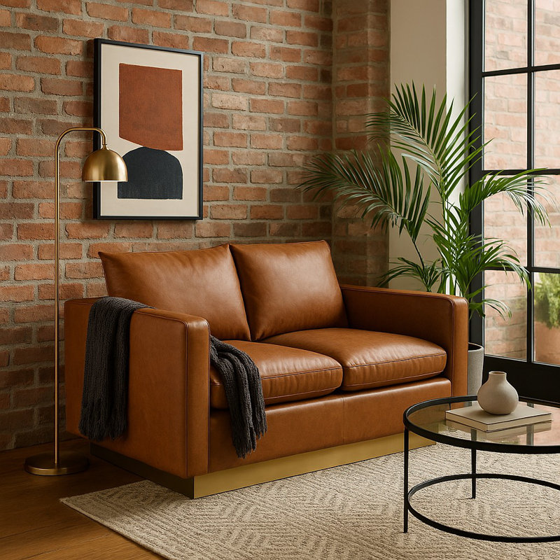 Berengarius Leather Loveseat with Gold Stainless Steel Base, Similicuir brun clair cognac