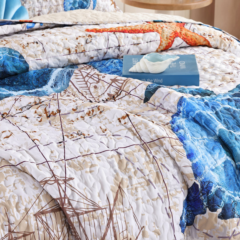 Coastal Quilt Set 3 Pieces - Bedding Lightweight Ocean Print Quilt With Two Pillowcases, King Quilt + 2 King Pillowcases