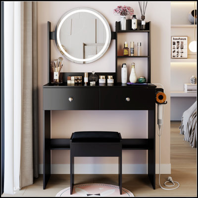 17 Inch Round LED Mirror Vanity Table With Cushioned Stool, 2 AC+2 USB Sockets, Adjustable Brightness, Large Desktop, Multi-Layer Storage