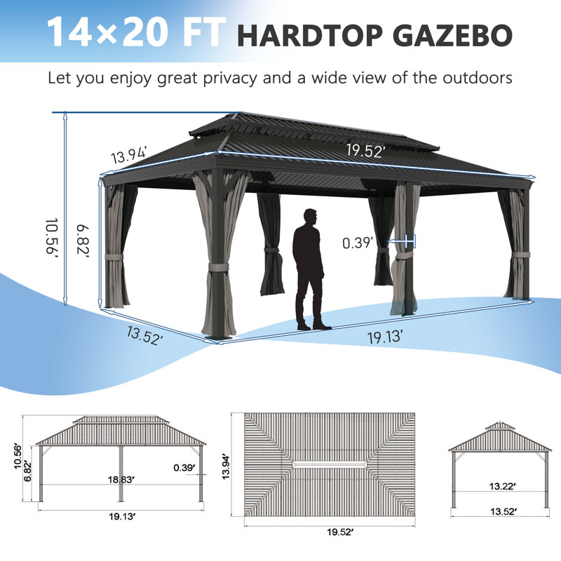 Pavillon de jardin en aluminium à toit double avec toit rigide, H 113,03 po x l 240 po x P 168 po