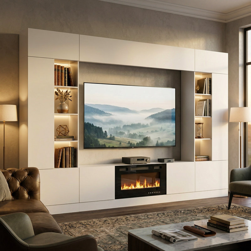 Meuble audio-vidéo de 114 po de large avec foyer électrique, grand meuble télé pour téléviseur de 75 po ou moins avec armoires de rangement et éclairage DEL