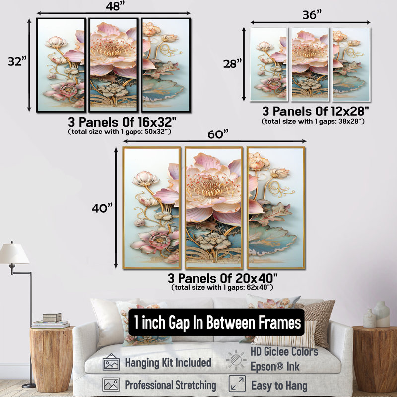 Kean - lot de lotus d'art mural, Encadrement argenté, H 40 po x l 60 po x P 1 po