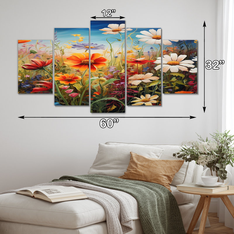 Fleurs colorées, symphonie III, art mural floral, salon, 5 panneaux