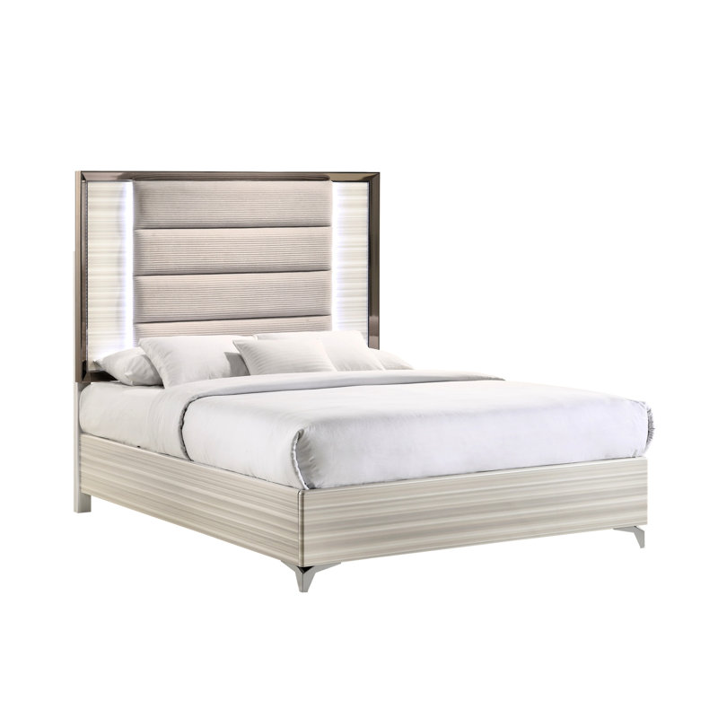 Grand lit Star blanc avec DEL - Design contemporain, espace de rangement abondant, fabrication en bois massif, 14 lattes fournies, 4 pieds de support centraux fixes, 2 interrupteurs électriques, 82,36 po Profondeur
