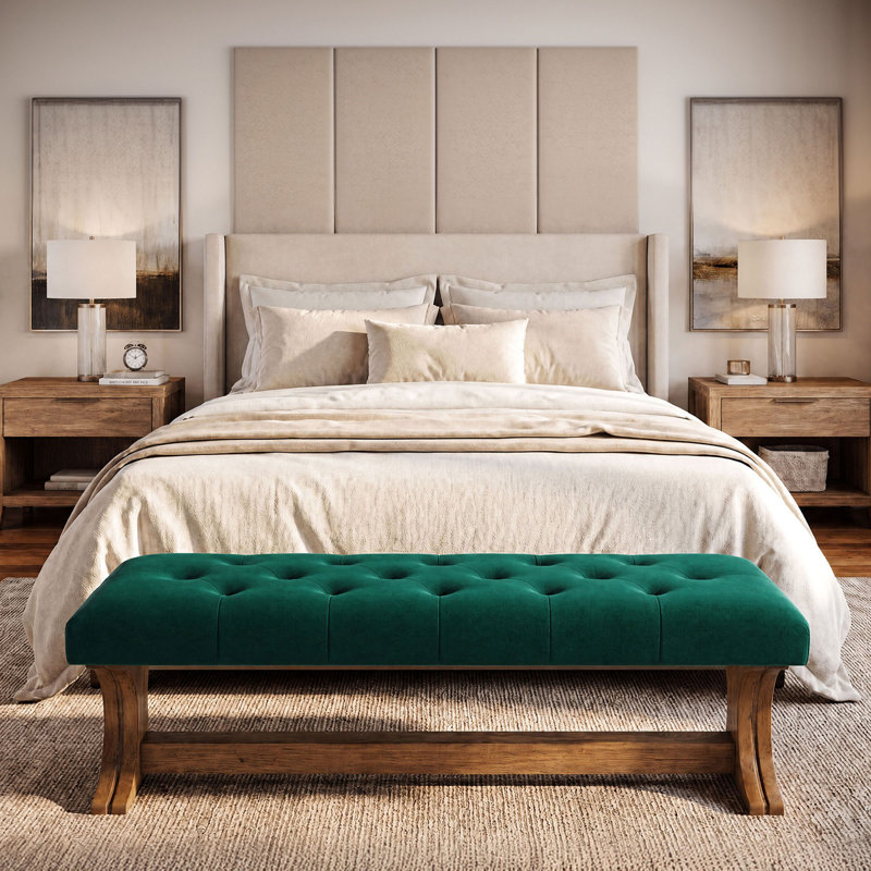 Banc de 55 po à l'extrémité du lit tapissier, banc d'entrée en bois massif touffeté, Brown,Green