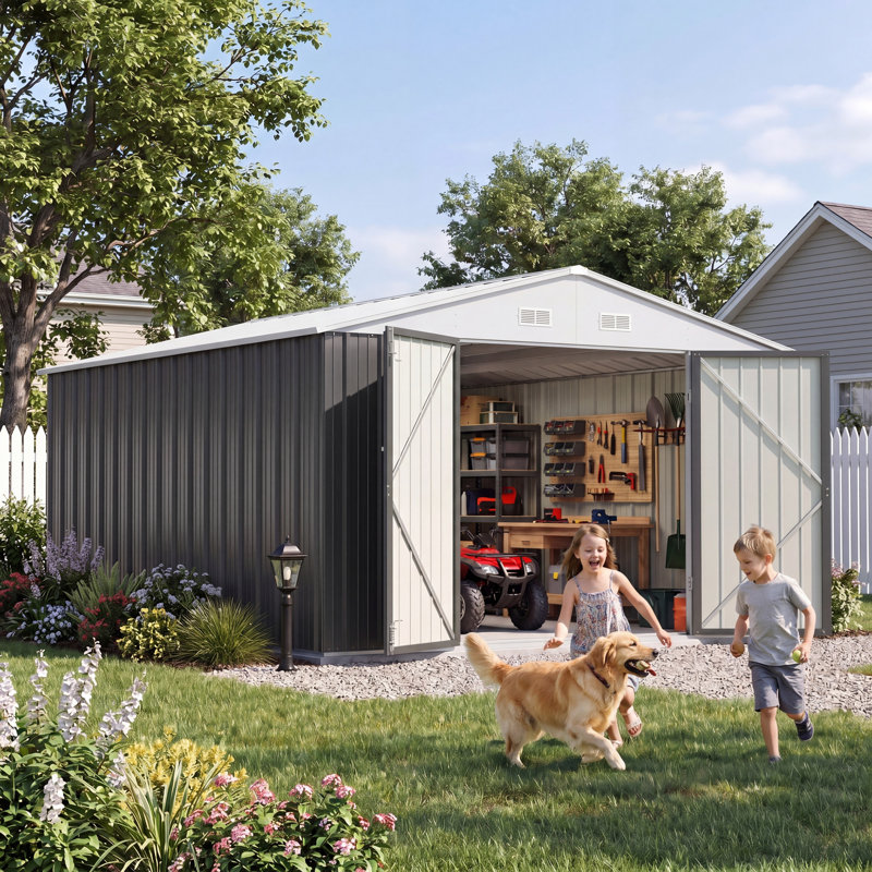 10 pi. L 12 pi. D Remise extérieure en métal résistante aux intempéries avec portes verrouillables et ventilation pour patio
