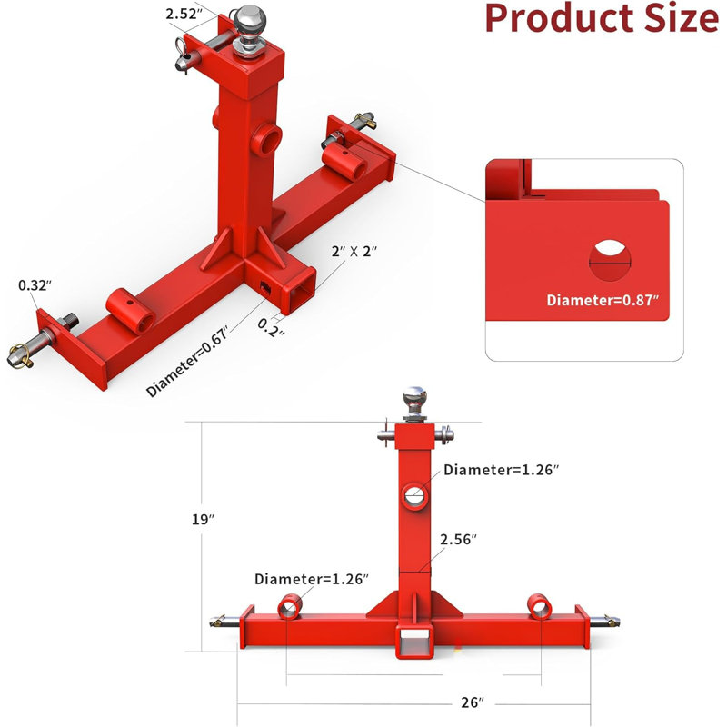 Adaptateur pour attelage à 3 points de la catégorie 1 avec boule de remorque, outil de remorquage de ferme en acier Q235 robuste, attache à 3 points thermolaquée rouge pour les travaux de ranch et d'aménagement paysager