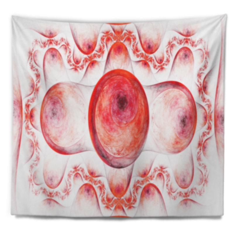 Motif exotique abstrait rouge sur tapisserie blanche, H 78 po x l 92 po