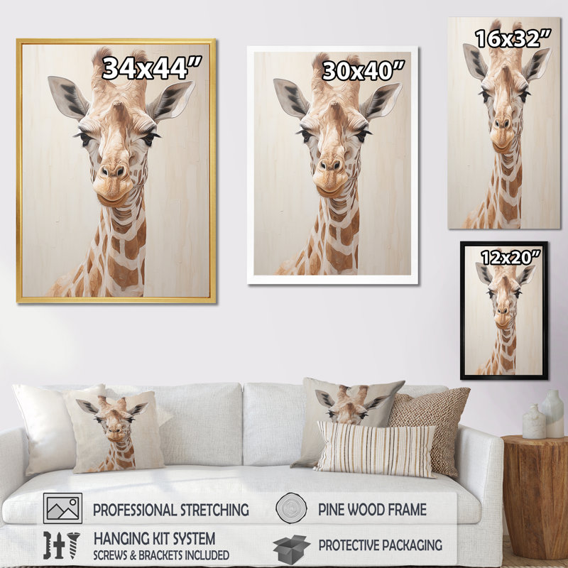 Impression sur toile «Minimalisme», girafe beige sur fond blanc, H 20 po x l 12 po x P 1 po, Cadre flottant noir