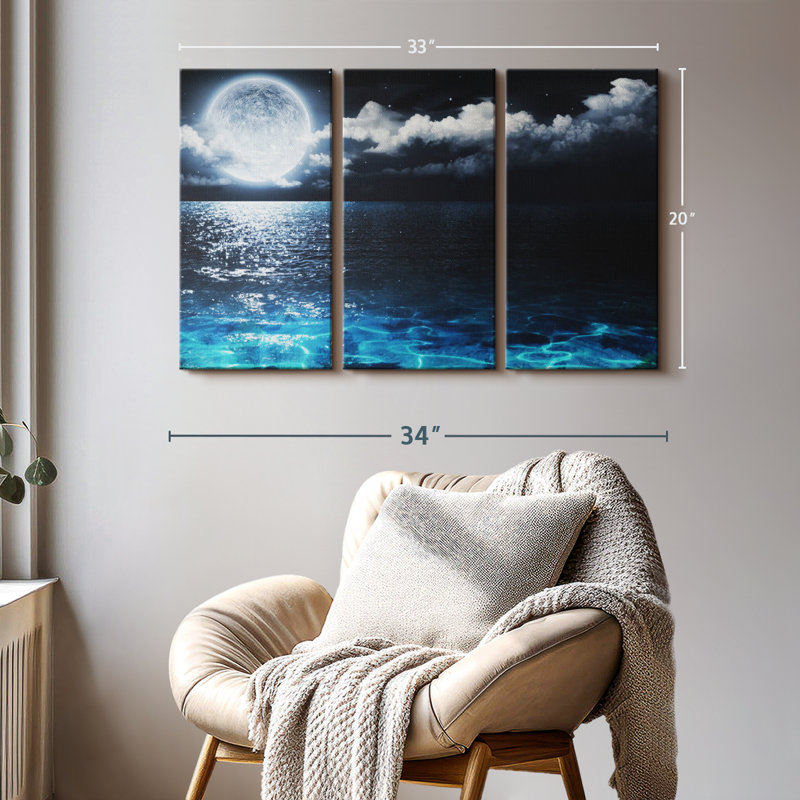 «Moonlit Blue Sea», 3 pièces sur toile, H 20 po x l 33 po x P 1,25 po