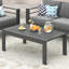 Table basse d'extérieur moderne en aluminium gris résistant aux intempéries, de forme rectangulaire, avec plateau à lattes, facile à nettoyer et anti-rayures.