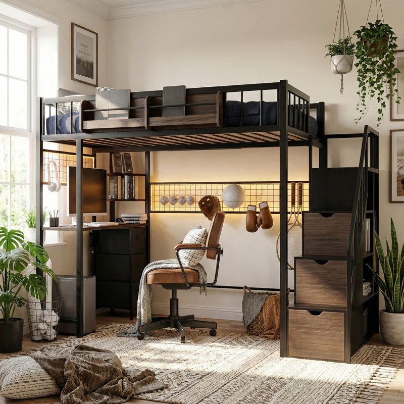Loft Bed with Built-in Desk, Stairs and Wardrobe, Space-Saving Metal Frame with Charging Station, LED Lights and Storage for Adults