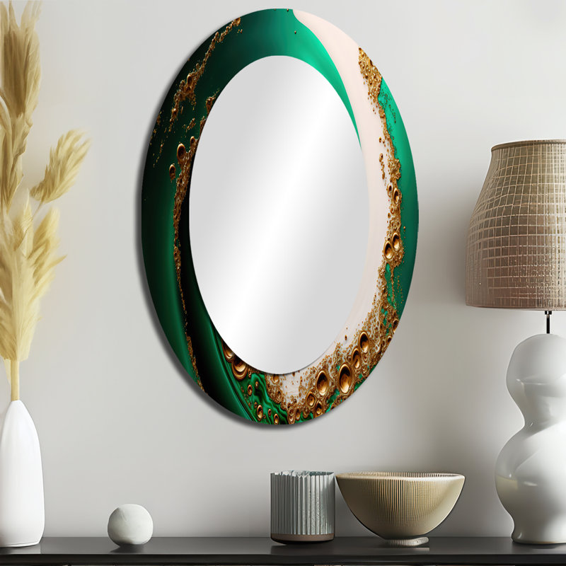 Green And Gold Crashing Waves I - Modern Oval Wall Mirror, 36" x 24"