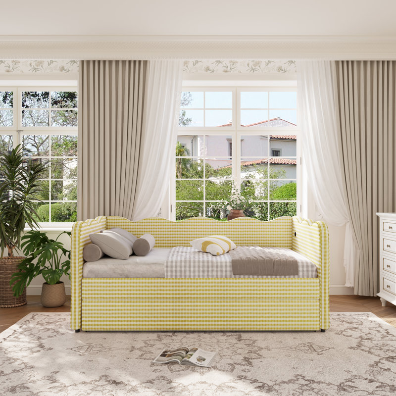 Linen Upholstered Gingham Daybed With Trundle, Usb Charging Port & Wave-shaped Design, No Box Spring Needed, Yellow