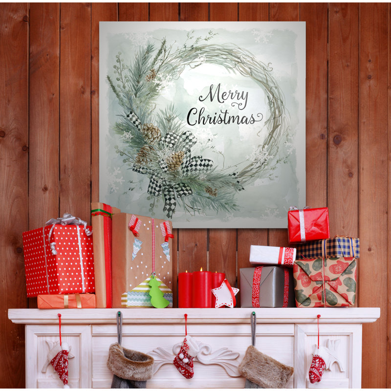 «Merry Christmas Pine Wreath», art textuel, H 10 po x l 10 po x P 1,5 po, Toile tendue