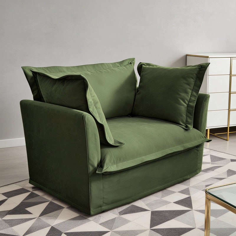 Fauteuil à housse avec 1 grand coussin de dossier et 2 grands coussins décoratifs, 1 canapé profond confortable et 1 siège large, plusieurs coussins moelleux, tissu chenille, vert