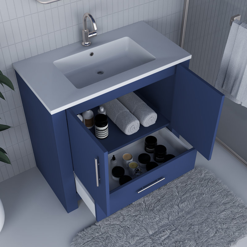 Boston 36 " W Freestanding Standard Free Standing Single Double Single Vanity Bathroom Vanity With Resin Top, Navy