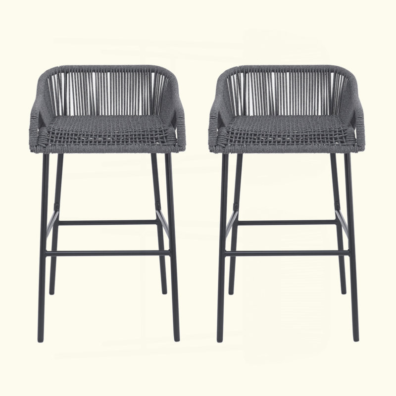 Tabourets de bar pour l'extérieur en corde tissée résistante aux intempéries, ensemble de 2, Gris foncé