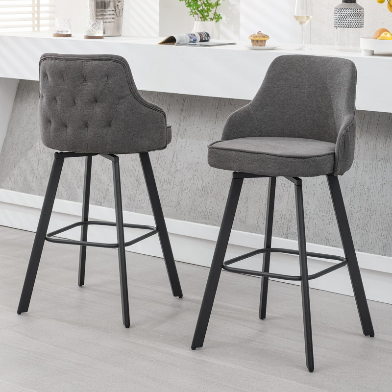 Swivel Linen Upholstered Bar Stool with High Back (Set of 3), Gray, 3, Bar Stool (30" Seat Height)
