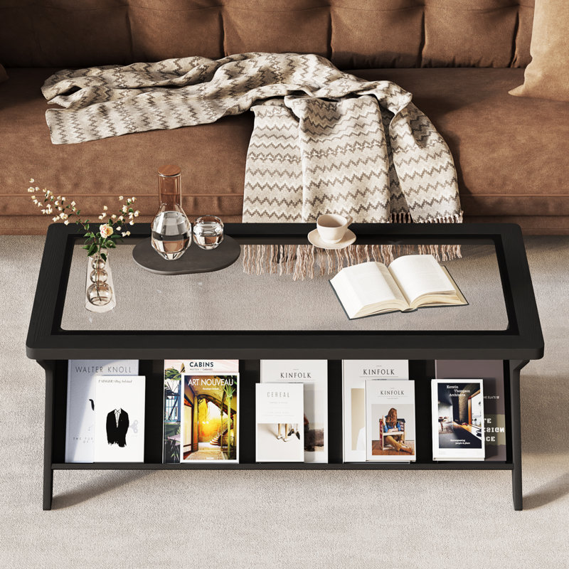 Table basse rectangulaire avec plateau en verre et tablette de rangement, Black
