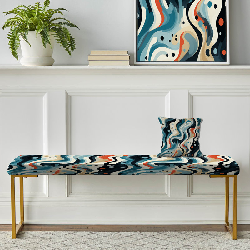 Geometric Upholstered Gold Bench, Blue And White Futuristic Vibes Striped