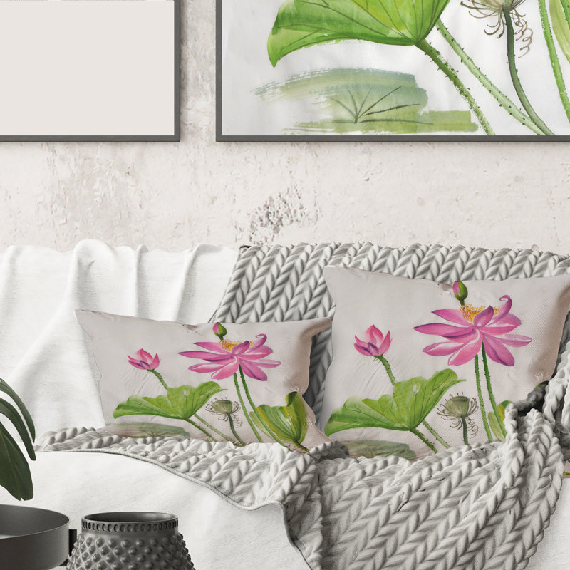 Deux fleurs de lotus roses - coussin traditionnel imprimé, 18" x 18"