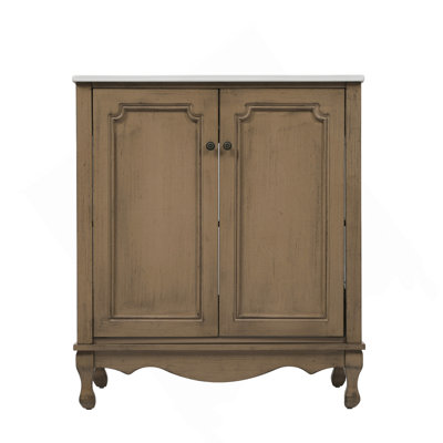 Meuble-lavabo de salle de bain rétro 30 po avec lavabo rectangulaire en céramique, meuble-lavabo avec poignées antiques, meuble de rangement pour la salle de bain avec pieds en bois d'hévéa et tablettes réglables (bleu-vert)