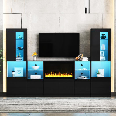 34.2" Electric Fireplace Tv Stand With Tempered Glass Shelves And Led Lights, 75" Compatible, Black Zigzag For Screens